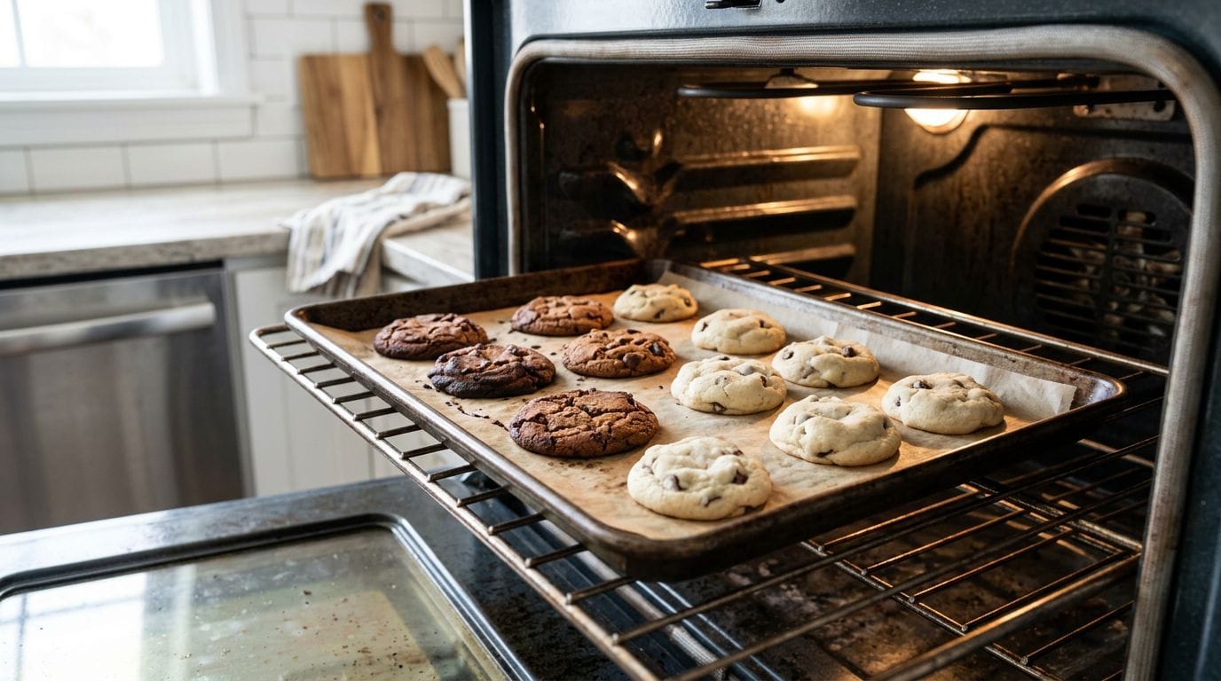 Unevenly baked cookies on tray showing hot spots