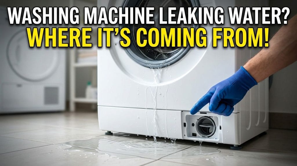 Blog hero image for an article on the topic of washing machine leaking water, where it's probably coming from.