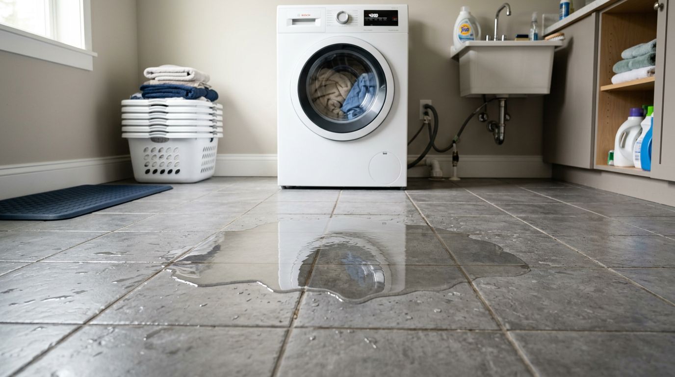 washing machine water leak puddle laundry room