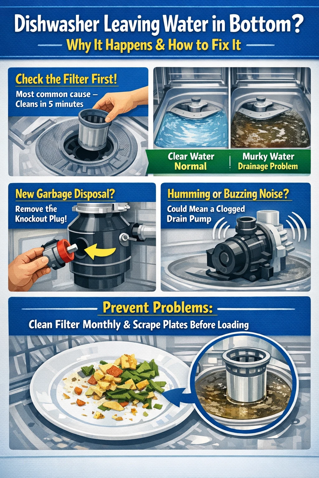 Dishwasher leaving water in bottom key takeaways infographic