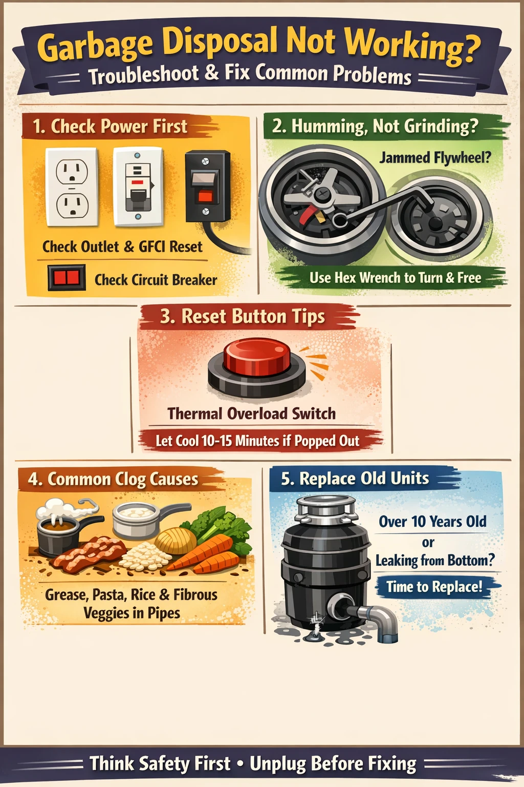 garbage disposal not working troubleshooting key takeaways infographic