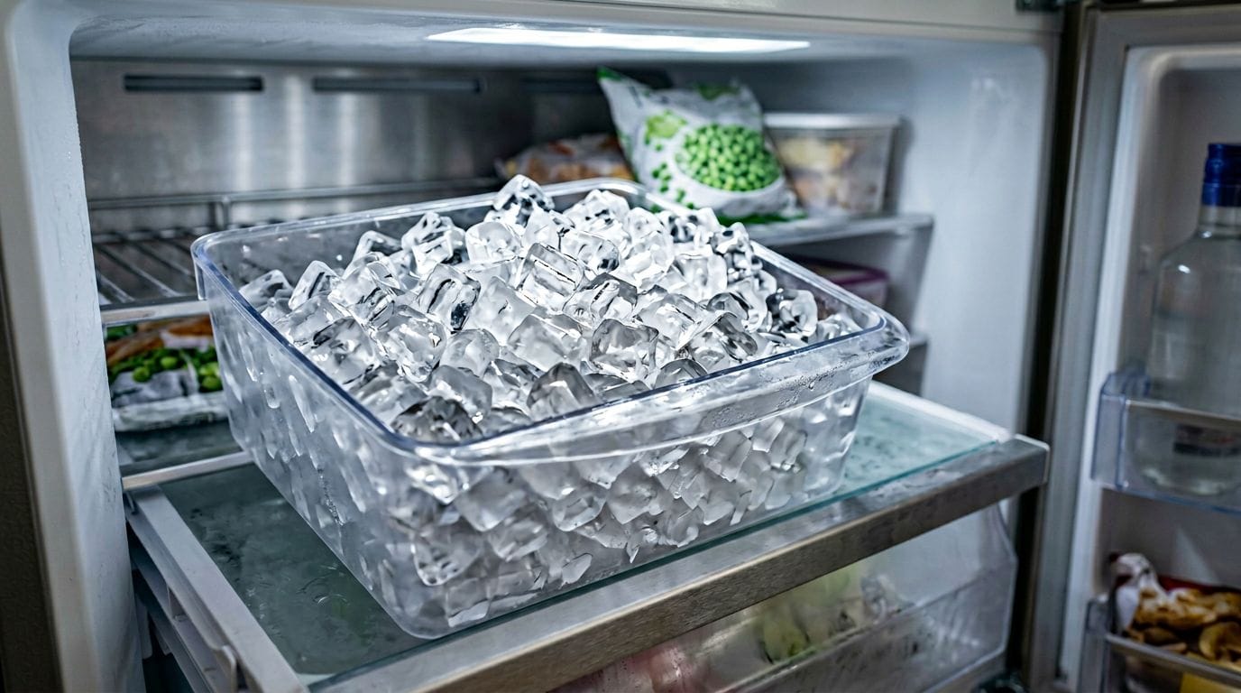refrigerator ice bin full of cubes