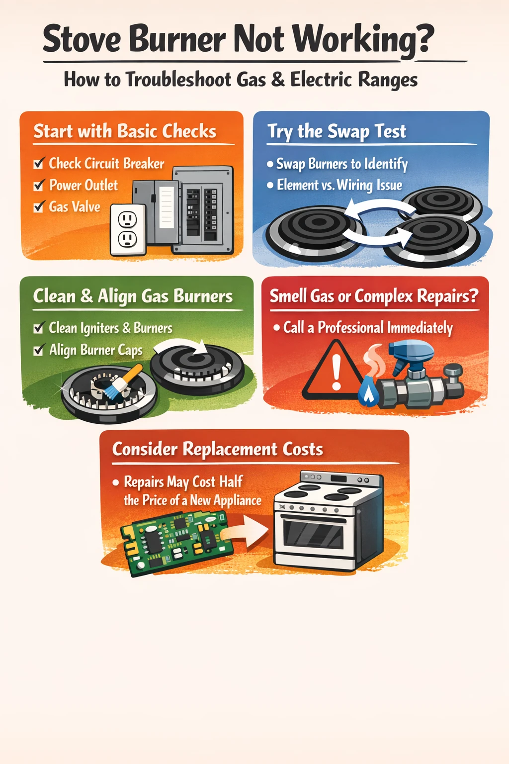 Stove burner not working troubleshooting infographic