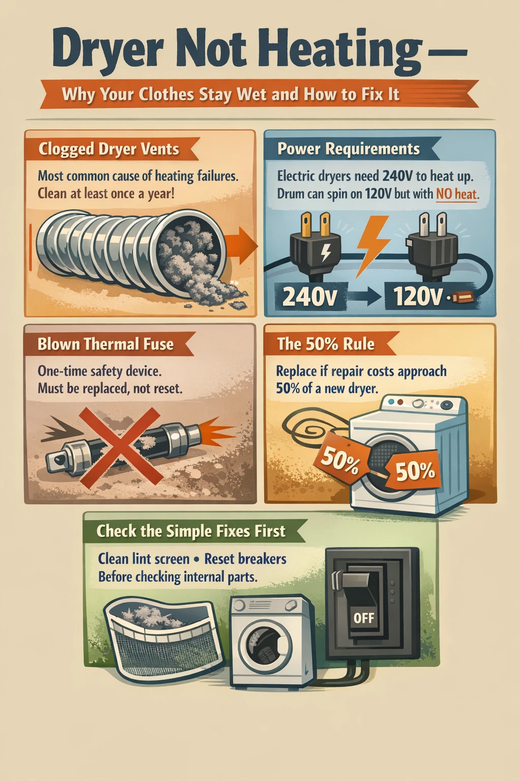 Why is my dryer not heating key takeaways infographic
