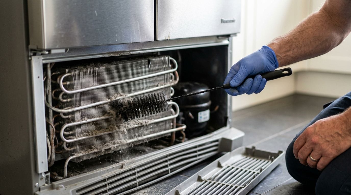 Cleaning refrigerator condenser coils with a brush