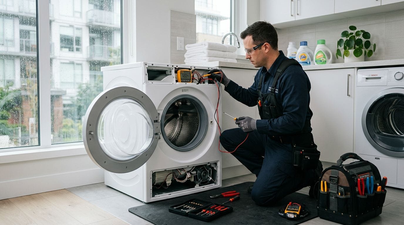 Vancouver appliance repair technician inspecting a washing machine