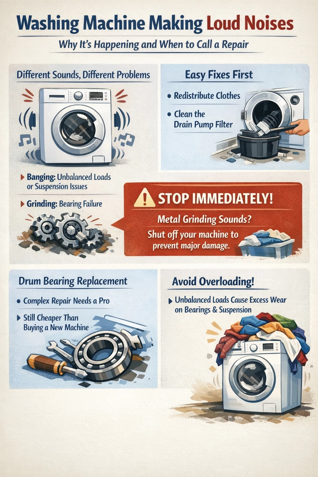 Washing machine making loud noises troubleshooting infographic